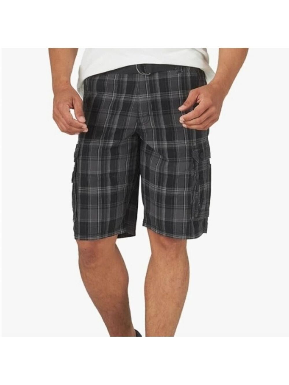 Lee Dungarees Cargo Shorts Loose Fit Black Gray Plaid Twill Cotton Pockets SZ30